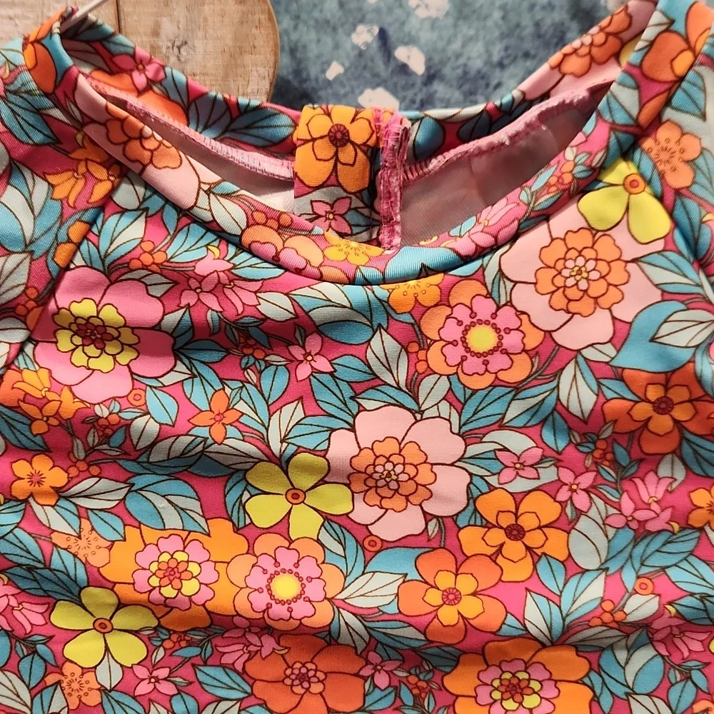 EUC Cat & Jack Multicolored Flowers One Piece Girls Sz L (10/12) Swimsuit - Picture 2 of 8
